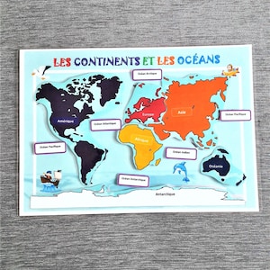 大陸と海洋、海洋の地図を学ぶ、大陸の地図、子供向けのアクティビティ、フランス語の大陸と海洋、PDF、