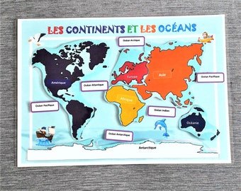 les continents et les océans, apprendre carte des océans, carte des continents, activité pour enfant, continents et océans en français, PDF,