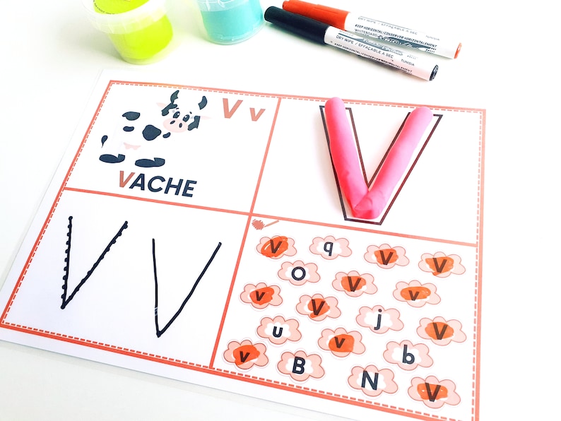 May include: A printable worksheet for learning the letter V. The worksheet features a cow illustration, the letter V written in uppercase and lowercase, a space to trace the letter V, and a find-the-letter activity with the letter V hidden among other letters.