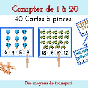 40 Cartes à pinces des moyens de transport, Cartes numériques 1 à 20, Apprendre à compter 1 à 20