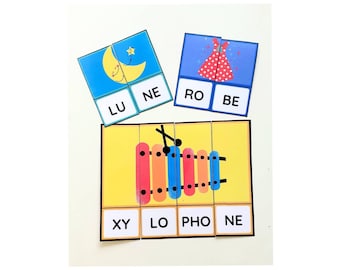 jeu des syllabes, jeu des lettres, jeu des mots Français, jeu d'activité les syllabes, jeu de lecture, activité Montessori, jeu à imprimer.