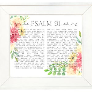 Psalm 91 Print | Psalms Wall Art |He Will Cover You With His Feathers | Floral Bible Verse Wall Art | Scripture Verse Printable |  My Refuge