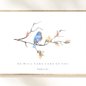 Matthäus 6:26 Schau auf die Vögel der Lüfte | Vogel Bibelvers | Luke 12 Aquarell Vogel Druck | Minimalistische christliche Wandkunst | Glaube Dekor