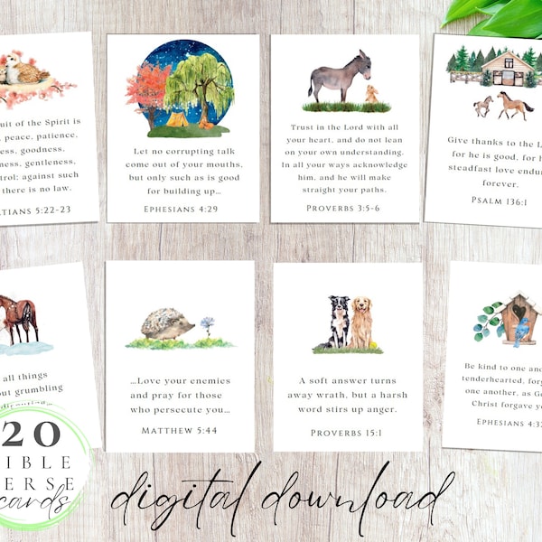 Scripture Cards for Kids | Children's Bible Verse Cards | Memory Verse Cards | Christian Homeschool Printables | Morning Basket | Set of 20