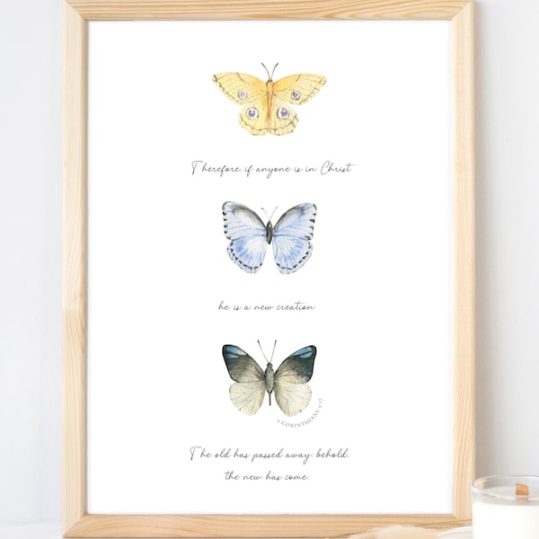 New Creation in Christ 2 Corinthians 5:17 Print | Butterfly Bible Verse | Christian Wall Art Kids | Minimalist Scripture | Baptism Gift Girl