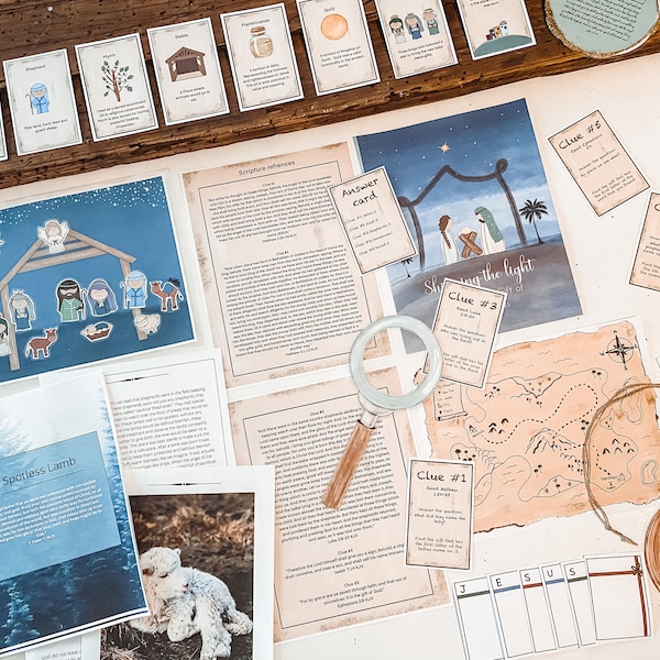 Zabawa w poszukiwanie skarbów dla dzieci: szopka bożonarodzeniowa, wskazówki z Pisma Świętego (do druku w formacie PDF)