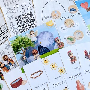 May include: A set of Easter-themed educational materials for children, including coloring pages, activity cards, and a story booklet. The materials feature illustrations of Jesus, a crown of thorns, a soldier, and a rooster. The text on the cards includes the words "Hosanna", "Jesus Loves Deeply", "Good Friday", and "Crucifixion".