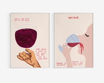 David Shrigley Wine Poster Set of 2 - Contemporary Painting - Wine Quote Art Print Set - Humorous Art - Printed and Shipped