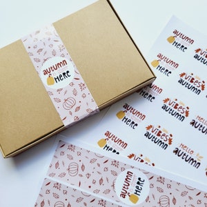 Autumn is here packaging bundle, 24 round stickers, 24 box seals, 24 printed vellum sheets for handmade crafts, wax melts, gifts