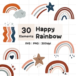 May include: A collection of 30 whimsical rainbow elements in various colors, including orange, brown, and blue. The design includes rainbows, stars, and clouds. Text reads "Happy Rainbow" and "30 Elements".