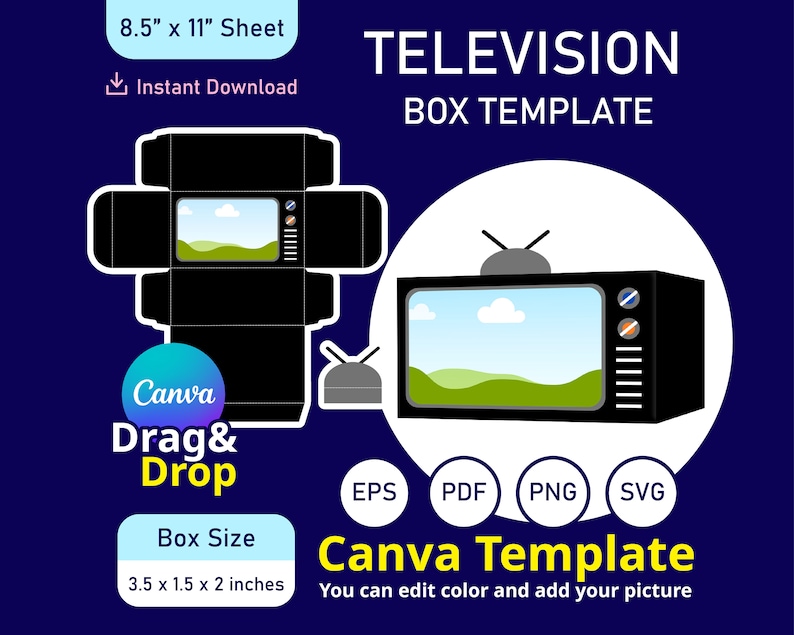 Modèle de boîte de télévision, Modèle de boîte de télévision, Modèle de boîte de bonbons, Emballage de boîte cadeau, Modèle de boîte de douche de bébé, Modèle de boîte de toile image 1