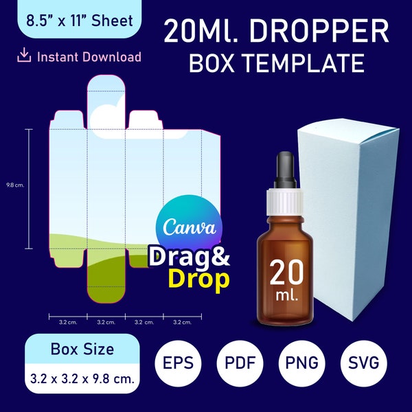 20ML Tropfflaschen-Box-Vorlage, ätherisches Öl-Flaschen-Vorlage, Box-Verpackung, Box-SVG-Vorlage, Box-Canva-Vorlage, Dropper-Box-Vorlage