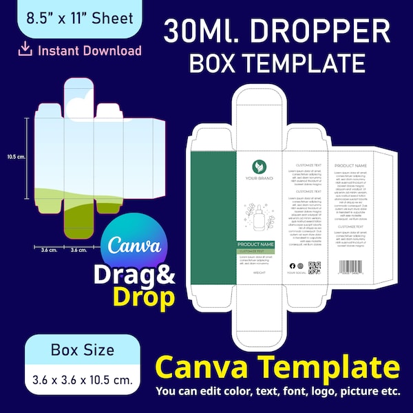 Dropper Bottle Box Template, Canva Box Template, Box Template, Cosmetic Box Packaging, Serum Canva Box Template