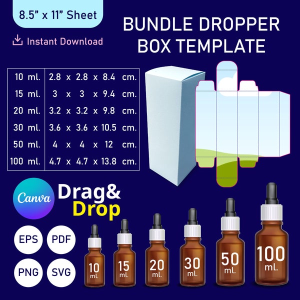 Bundle Dropper Bottle Box Template, Essential Oil Bottle Template, Box Packaging, Box SVG Template, Box Canva Template, Dropper Box Template