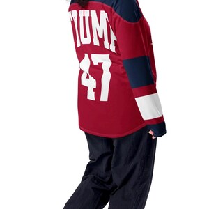MAGA Hockey Fan Jersey with Trump Campaign Logo on Front, Trump 47 on Reverse, Trump 2024 Voting Day Shirt, Unique Gift for Conservatives