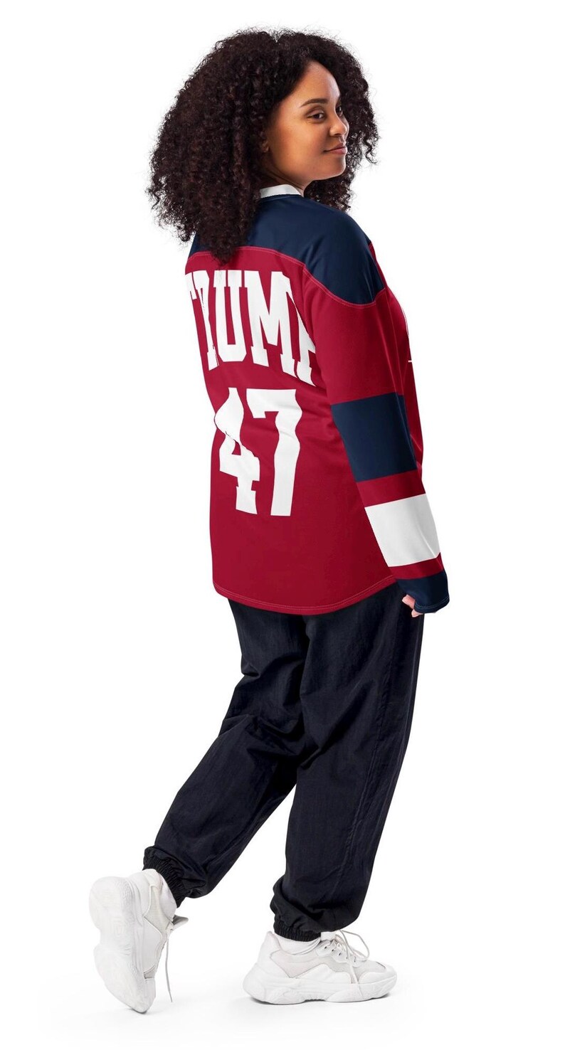 MAGA Hockey Fan Jersey with Trump Campaign Logo on Front, Trump 47 on Reverse, Trump 2024 Voting Day Shirt, Unique Gift for Conservatives