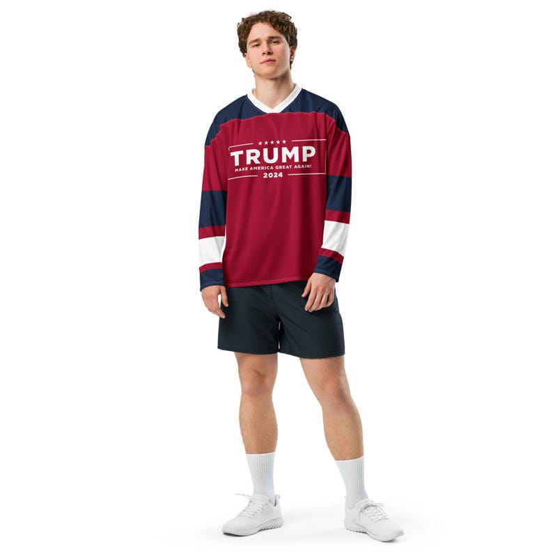 MAGA Hockey Fan Jersey with Trump Campaign Logo on Front, Trump 47 on Reverse, Trump 2024 Voting Day Shirt, Unique Gift for Conservatives
