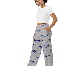 May include: Gray wide-leg pants with a repeating pattern of "TRUMP 2024" in blue and red lettering.