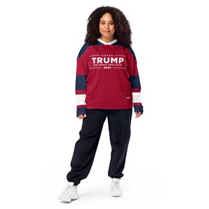 MAGA Hockey Fan Jersey with Trump Campaign Logo on Front, Trump 47 on Reverse, Trump 2024 Voting Day Shirt, Unique Gift for Conservatives