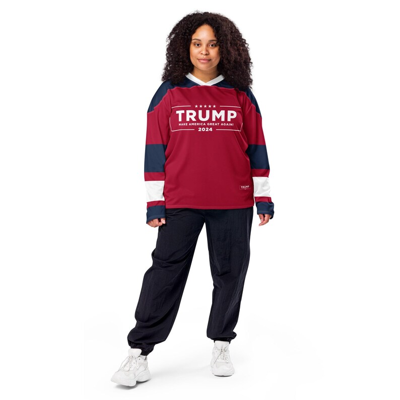 MAGA Hockey Fan Jersey with Trump Campaign Logo on Front, Trump 47 on Reverse, Trump 2024 Voting Day Shirt, Unique Gift for Conservatives