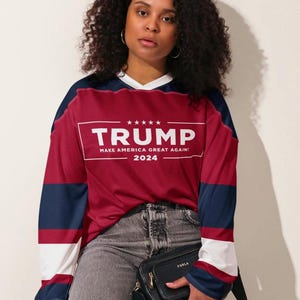 MAGA Hockey Fan Jersey with Trump Campaign Logo on Front, Trump 47 on Reverse, Trump 2024 Voting Day Shirt, Unique Gift for Conservatives