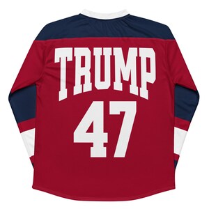 MAGA Hockey Fan Jersey with Trump Campaign Logo on Front, Trump 47 on Reverse, Trump 2024 Voting Day Shirt, Unique Gift for Conservatives