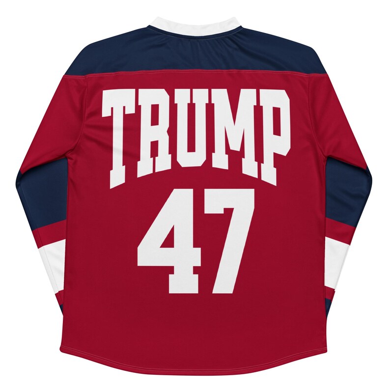MAGA Hockey Fan Jersey with Trump Campaign Logo on Front, Trump 47 on Reverse, Trump 2024 Voting Day Shirt, Unique Gift for Conservatives