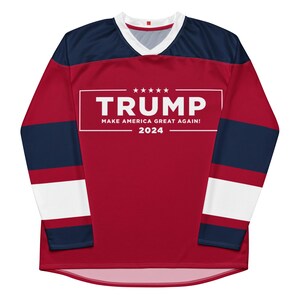 MAGA Hockey Fan Jersey with Trump Campaign Logo on Front, Trump 47 on Reverse, Trump 2024 Voting Day Shirt, Unique Gift for Conservatives
