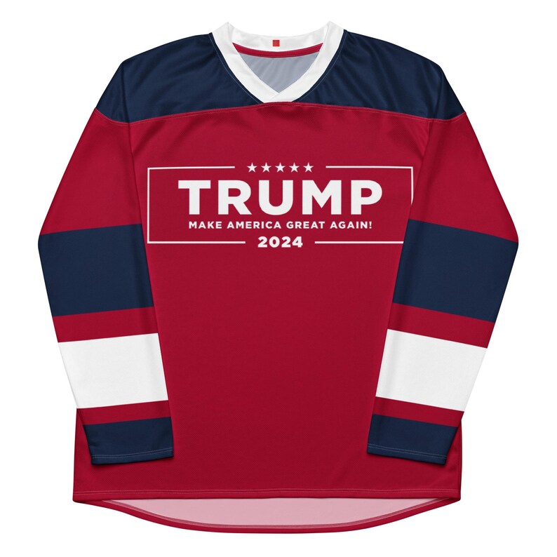 MAGA Hockey Fan Jersey with Trump Campaign Logo on Front, Trump 47 on Reverse, Trump 2024 Voting Day Shirt, Unique Gift for Conservatives