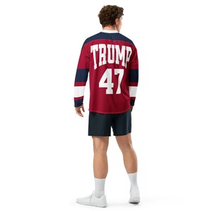 MAGA Hockey Fan Jersey with Trump Campaign Logo on Front, Trump 47 on Reverse, Trump 2024 Voting Day Shirt, Unique Gift for Conservatives