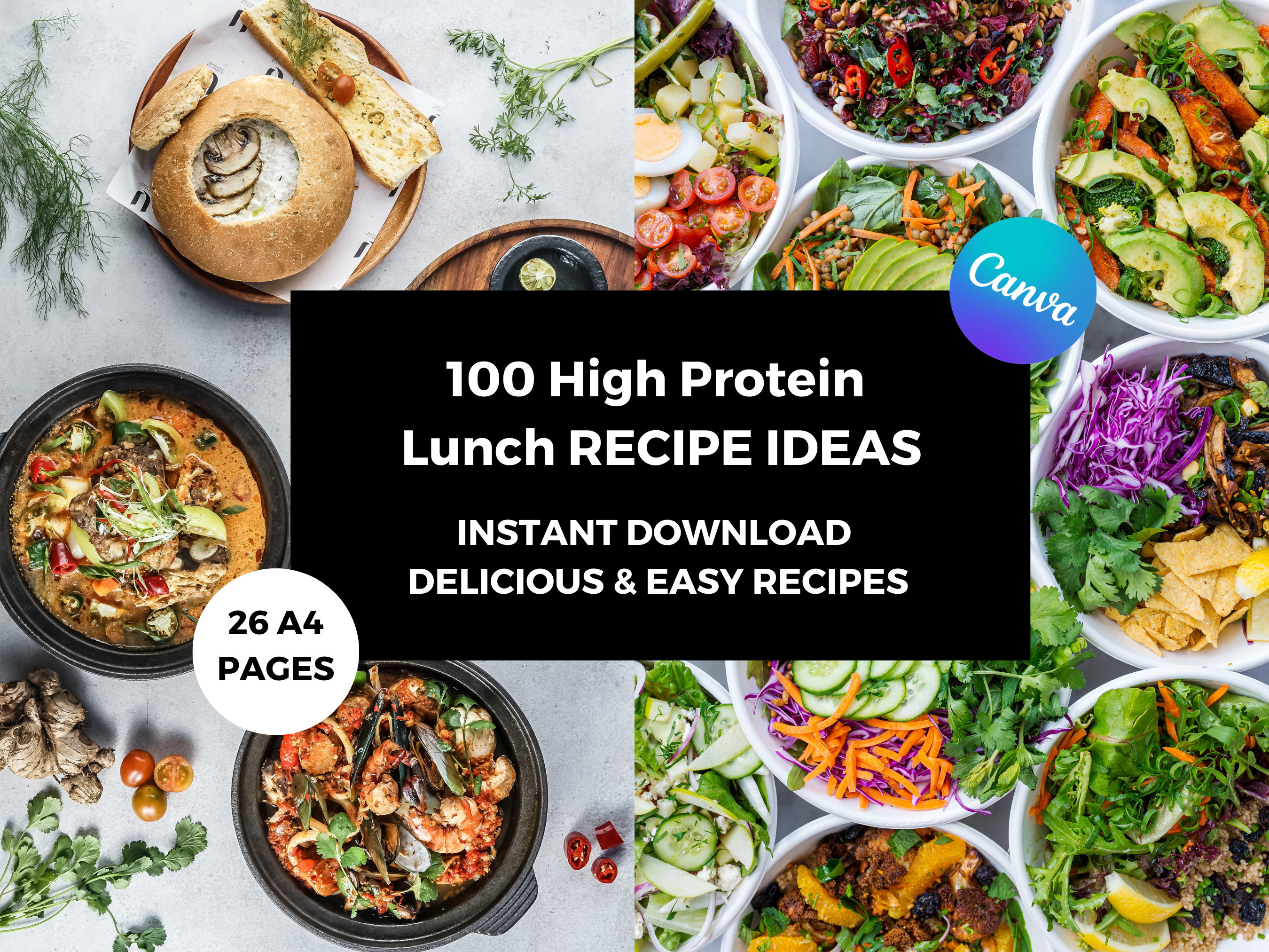 100 High Protein Lunch Recipe IDEAS Digital eBook: Instant Download, Healthy and Delicious Meal Ideas, Canva Customizable, Easy to Prepare