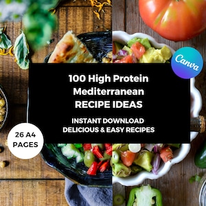 100 High Protein Mediterranean RECIPE IDEAS Digital eBook: Canva Customizable, Instant Download, Healthy, Easy & Delicious Meals