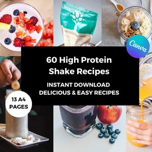60 High Protein Shake RECIPE IDEAS Digital eBook: Canva Customisable, Instant Download, and Healthy Delicious Recipes, High Protein Snacks