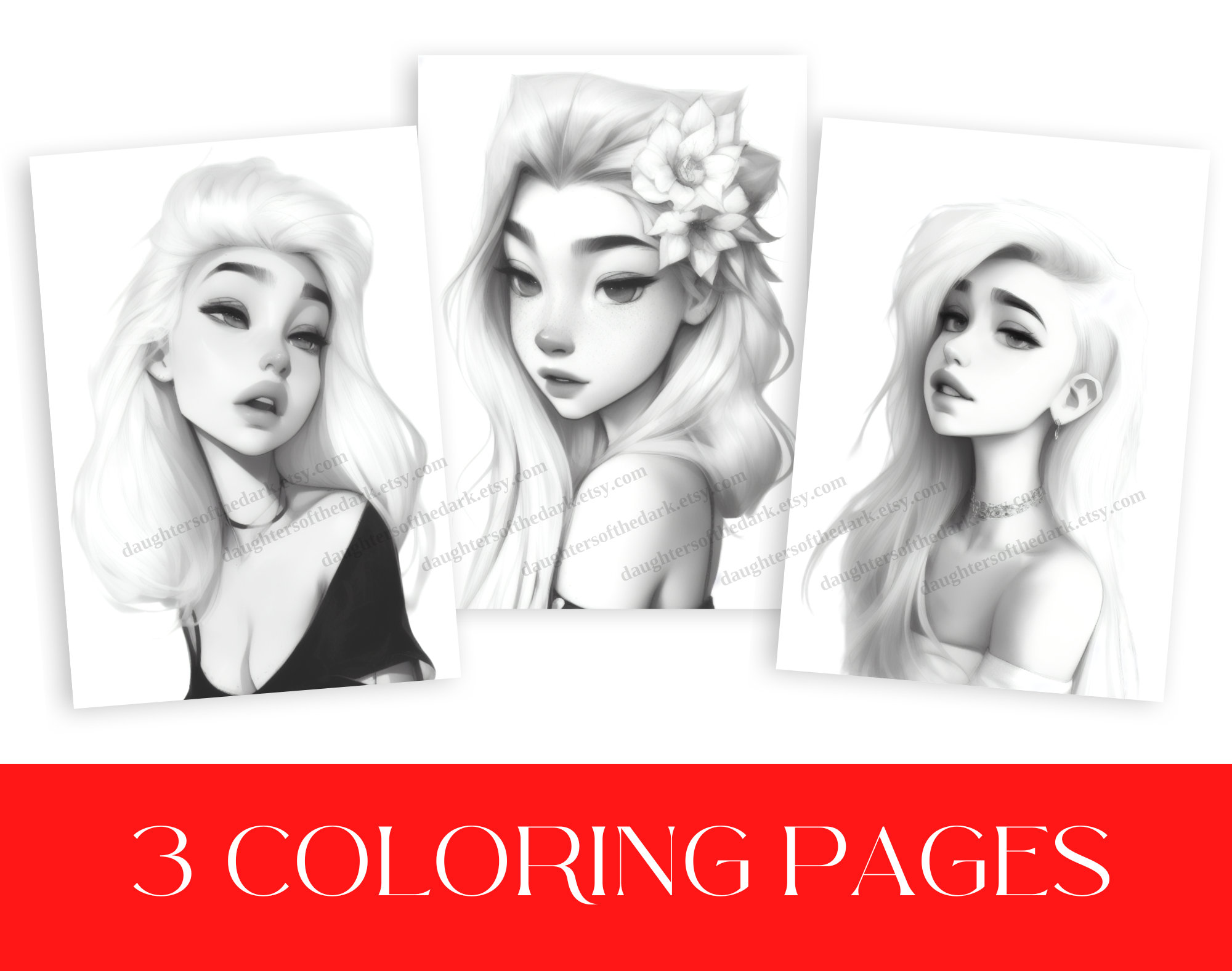 3 Pack Coloring Page Beautiful Women Adult Coloring Download Grayscale Illustration