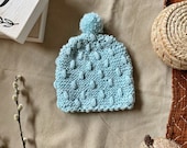 Hand Knit Light Blue Popcorn Stitch Pom Pom Baby Toddler Unisex Hat Beanie