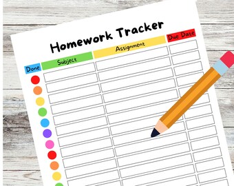 Printable homework tracker, elementary and middle school, fill in, student assignment tracker, write in,  distance learning, printable PDF