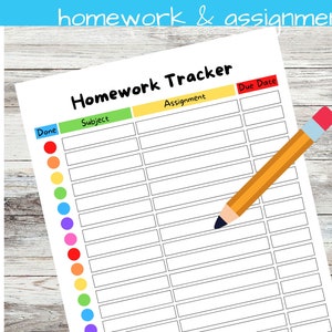 May include: A printable homework tracker with columns for "Done", "Subject", "Assignment", and "Due Date". The tracker has a colorful checklist with red, orange, yellow, green, blue, purple, and pink circles.