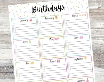 Birthday tracker printable; pastel birthday tracker by month, birthday calendar; keep track of birthdays, printable PDF