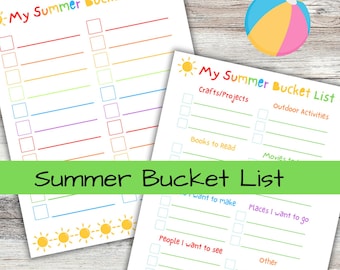 May include: Two printable summer bucket list templates with checkboxes and lines for writing. The top template has a rainbow of colors and the bottom template has a yellow sun design.