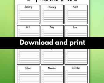 Important Dates tracker, Birthday tracker printable; tracker by month, birthday calendar; keep track of birthdays, printable PDF
