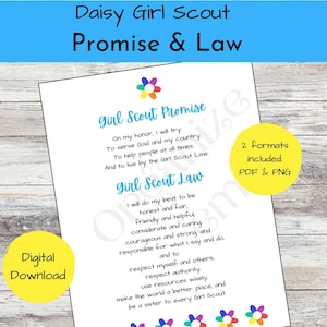 Padvindersbelofte en wet; Padvindersbelofte; Wet op padvinders; Afdrukbaar pdf- en png-bestand in twee formaten Daisy Girl Scout Promise en Girl Scout Law