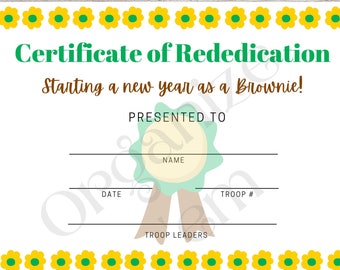 Brownie Girl Scouts Certificate printable,  rededication certificate, fill in the blanks, PDF printables