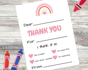 Printable Pink Kids Thank You Cards - Fillable Birthday Party Notes for Girls, Gratitude Cards (4 Pack PDF)