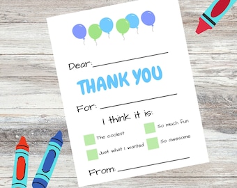 Printable Fill-in-the-Blank Thank You Cards for Boys: Blue & Green Birthday Gratitude Notes (4 Pack PDF)