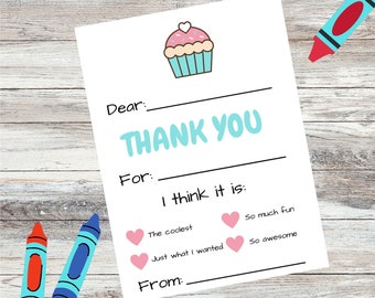Printable Fill in the blank kids Thank you cards, thank you kids, birthday, party, gratitude, gifts, fillable, card, 4 cards, thanks,  PDF