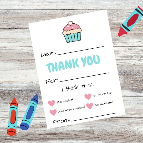 Printable Fill in the blank kids Thank you cards, thank you kids, birthday, party, gratitude, gifts, fillable, card, 4 cards, thanks,  PDF