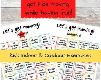 Printable kids exercise activities; indoor, outdoor, get kids moving, kids choose exercises,  exercise, distance learning, PDF