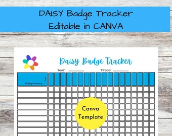 Rastreador de insignias Daisy editable, rastreador de insignias de Girl Scouts, organizador de rastreador de insignias de plantilla Canva, carpeta, PDF imprimible