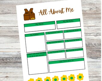 Brownie Junior Girl Scout All About Me; New Troop Member All About Me, Brownie Questionnaire, new girl handout, Brownie All About Me PDF
