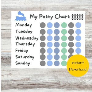 May include: A printable potty training chart with a blue train, gray, blue, and green circles, and the days of the week listed: Monday, Tuesday, Wednesday, Thursday, Friday, Saturday, and Sunday. The text "My Potty Chart" is at the top of the chart, with a black and white image of a train track.